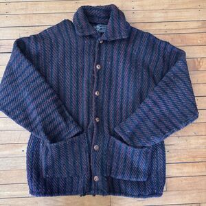 Otavalo Coat made in Ecuador Mens Wool  Mens Jacket Woven Navy Red Gray Striped